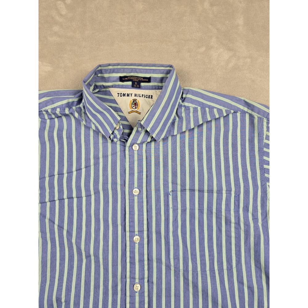 Vintage Tommy Hilfiger Button Down Shirt Mens 16 34-35 Blue Striped Long Sleeve